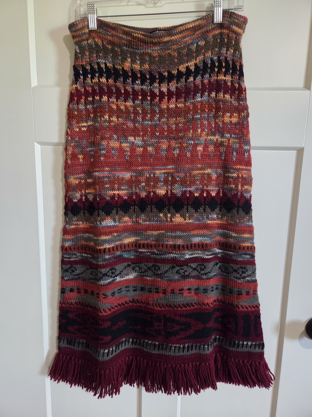 Peruvian Connection 100% Wool Multicolor Knit Maxi Skirt in Burgundy, Rust, Gray